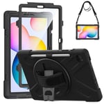 Gerutek Coque Antichoc pour Samsung Galaxy Tab S6 Lite 10,4" (2024/2022/2020), (SM-P620/P625/P613/P619/P610/P615), Étui Robuste avec Protection d'écran, Support Rotatif, Dragonne et Bandoulière, Noir