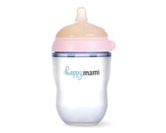 HappyMami - Biberon en Forme de Sein, Biberon 250 ml, Couleur Rose, Tétine en Silicone de Qualité Médicale, Double Système Anti-Colique, sans BPA, Lavable au Lave-vaisselle, Chauffe-biberon