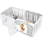 Parc pour Chien Interieur 60cm Haut, Enclos pour Chien 5+1 Panneaux, Plastique Parc Chiot Pliable avec Portail, Ventouses et Ancrages au Sol, Parc Chien Chat Lapin Interieur Extérieur, Gris-Blanc