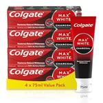 Colgate Max White Charcoal Toothpaste, Activated Charcoal Toothpaste, Clinically Proven to Remove up to 100 Percent Surface Stains*, Toothpaste Multipack, 4 Pack, 75ml Tubes