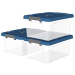 Cetomo 35L*3 Plastic Storage box, Tote box,Transparent Organizing Container with Durable blue Lid and Secure Latching Buckles, Stackable and Nestable,3Pack