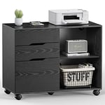 Sweetcrispy Meuble de bureau à roulettes avec roulettes, meuble de classement mobile avec 3 tiroirs, espace de rangement fermé et ouvert, armoire sous bureau pour papier A4, support d'imprimante, noir