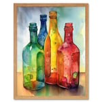 Coloured Glass Cider Bottles Still Life Watercolour Painting Art Print Framed Poster Wall Decor 12x16 inch