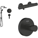 GROHE Start Shower Installation Set (Exposed Thermostatic bar, Flex Shower System with Diverter, 2 Spray Hand Shower 10 cm, Robe Hook), Matt Black