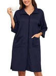 Lovasy Peignoir Femme à Fermeture Éclair Robe de Chambre Court en Tricot Gaufré Kimono Doux et Léger Longueur du Genou Loungewear avec Poches A Bleu marine XL