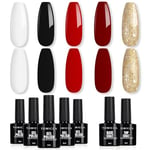 TOMICCA Vernis Semi Permanent, 5 Couleurs Vernis à Ongles Avec Base Coat &Top Coat No Wipe, Rouge Blanc Noir Glitter Gold Gel UV Semi Permanent Soak Off Nail Art Kit De Démarrage Cadeau, 7 x 8ml