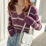 HKVML Temperament V-neck Color Matching Striped Knitted Cardigan Women Autumn And Winter All-match Long-sleeved Sweater Jacket Women,Purple