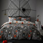 Bedlam - Halloween Party Duvet Cover - Single Bedding Size (140 x 200cm) - Reversible (2 Colours) - Glow in the Dark Duvet Cover - Spooky Pumpkin, Ghosts & Skeletons Bedding - Halloween Decorations