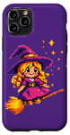 Coque pour iPhone 11 Pro Pixelated Petite sorcière violette sur un balai pour enfants