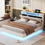 Lit capitonné 160x200 cm avec prise usb et éclairage led, tête de lit réversible, pied de lit dissimulé, lit plat double, lit jeune, lit adulte,