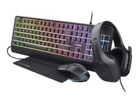 Trust Gxt 792 Quadrox - 4-In-1 Gaming Bundle - Paket Med Tangentbord, Mus, Headset Och Musdyna - Bakgrundsbelyst - Usb - Qwerty - Amerikansk