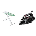 Mabel Home ironing Board Solid Steam iron Rest with Shoulder Shape, Adjustable Height + Extra Cover & Russell Hobbs Powersteam Ultra 3100 W Vertical Steam Iron 20630 - Black and Grey