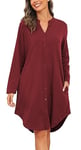 Vlazom Chemise de Nuit Femme Coton,Chemise de Nuit Femme Manche Longue Tee Shirt Nuit Femme Grande Taille Allaitement,XXL,A-Vin Rouge