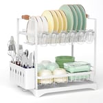 E-ROOM TREND 2-Tier Dish Drainer Rack White Large Capacity Dish Drying Rack with Drainboard Trays Durable Utensil Holder Set Dish for Kitchen Counter Cups Dishes Cutlery (DR201W)