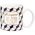 DRAEGER Paris - Mug Black & Gold Porcelaine Fine Monsieur Je Sais Tout - Mug Humour pour collègue, ami, Copain, frère -Tasse à café Originale avec Coffret Cadeau