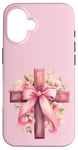 Coque pour iPhone 16 Pink Christian Cross Graphic For Women Girl Wildflower Cross