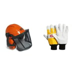 Oregon Waipoua Casque de Sécurité pour Tronçonneuse avec Cache-Oreilles de Protection et Visière en Maille & Gants de Protection - Mixte Adulte - Jaune (Blanc) - L