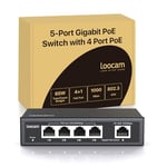 Loocam PoE Switch 4 PoE Gigabit Ports avec 1 Gigabit Uplink Port, PoE+ 1000Mbps Ethernet Réseau Switch Non géré, RJ45 65W IEEE802.3af/at, Durable Metal Enclosure, Plug & Play