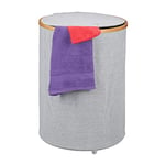 Relaxdays Round Laundry Basket, Foldable Bin with Lid, Clothes Container, HxØ: 60 x 45 cm, Fabric & Bamboo, Grey/Natural