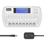 BONAI Chargeur de Piles LCD 8+1 Slots, Universel pour AA/AAA/Ni-MH/Ni-CD/9V Batterie Rechargeables, Écran LCD Intelligent, Chargeur Rapide DC 12V/1A, Avec Fonction de Décharge(chargeur certifié CE GS)