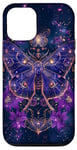 Coque pour iPhone 15 Pro Papillon bleu foncé Luna Moth Witchy Blue et fleurs violettes