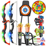 VATOS 2 Pack Arc et Flèche Jouet pour 3-12 Ans Garçons Filles, Jouet de Tir à l'arc Lumineux avec Coupe Suction Cible Debout & 29 in Dart Board, Jouets d'Activité d'Intérieur et d'Extérieur Cadeau