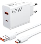 67w Chargeur Rapide Avec Câble Usb C Pour Redmi Note 13 Pro 11 11s,2-Ports Chargeur Usb Avec Pd 45w,Chargeur Turbo Pour Xiaomi 14t/13t/14 Ultra/12 Lite/Redmi Note 12 Pro/Poco F5 Pro/F5/X6 Pro/X4 Gt