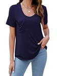 iChunhua Long Tops for Women to Wear with Leggings Summer Short Sleeve Blouse Elegant T-Shirts V Neck Navy Blue Medium