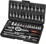 Lot de 46 Coffret Douille Cliquet 1/4"" le Chromé, Ensemble de clés à Cliquet et Cliquets Adapté pour les Travaux sur Vélos et Outillage Mecanique Auto, Taille 1/4