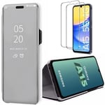 Fodral för Samsung Galaxy A15 4G-5G, Silver, Flip Cover Clear View med stativfunktion, spegeleffekt + 2 härdade glasögon