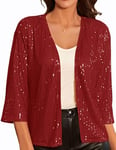 Boléro Femme à Sequins Gilet Court Veste Cardigan Pull à Manches Longues Boutonné V-Col Vintage Chic pour Robe Soirée Rouge Vivant à Paillettes S