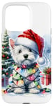 iPhone 15 Pro Max West Highland White Terrier Santa Hat Christmas Tree Lights Case