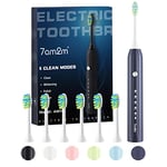 7AM2M Sonic Electric Toothbrush for Adults and Kids, One Charge for 90 Days, with 6 Brush Heads, 5 Modes with 2 Minutes Build in Smart Timer, Roman Column Handle Design (Navy Blue)