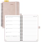 POPRUN Agenda de Poche 2025 Semainier et Carnet de Notes 16 x 10,5 cm - Couverture Spirale en Cuir A6 petite Planner, D'Jan 2025 à Déc 2025, Règle signet, Papier 100 g/m², Rose Doux-SPK