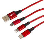 Maplin USB-A to 3 in 1 Multi Charging Cable USB-C & Lightning & Micro USB-B Braided 1.2m Red, for iPhone 15,14,13,12,11, iPad, Android phones Samsung S7/S6/S5, Sony, Huawei, PS4, HTC, Kindle, Camera