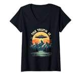 Womens THE TRUTH IS UFO Mountain Sunset V-Neck T-Shirt