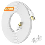 Cat 8 Cable Ethernet 15m, Blindé Cable RJ45 Haut Débit Fibre 15m 40Gbps 2000MHz, Blanc Gigabit Plat Câble Réseau LAN Cable Internet pour Routeur, Modem, Switch, Xbox, PS5/4