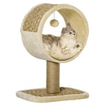 PawHut Arbre à Chat en Cercle avec griffoir en Jute et Jouet de Souris Coussin en Peluche Doux en Panneaux de Particules 40 x 30 x 56 cm Kaki Beige café