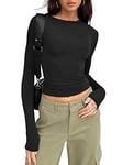 Trendy Queen Womens Long Sleeve Shirts Basic Crop Tops Tight Slim Fit Cute Teen Girls Fall Winter Y2k Clothes 2024, Black, XXL