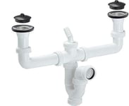 Abrisa 6623 Siphon incurvé avec double évacuation, valve et bouchon, blanc