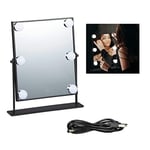 Relaxdays Miroir Hollywood avec éclairage LED, Commande Tactile, 3 Niveaux, 6 Ampoules, Piles ou USB, Noir