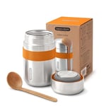 BLACK + BLUM - Food Flask - Vacuum Insulated 304 Stainless Steel Food Container with Leak Proof Lid, Nylon Strap and Natural Wood Fibre Spoon - Keeps Hot for 6 hrs, Cold for 8 hrs, Orange - 400ml