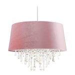 Relaxdays Lampe à suspension, luminaire, abat-jour aspect velours, HxD : 140x45,5 cm, cristaux, E27, salon, rose