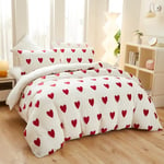 Covebett Housse de Couette Flanelle 200x200 Rouge Blanche Coeur, Chaude Hiver Polaire Parure de Lit en Velours Doux avec Fermeture Éclair, Linge de Lit 2 Personnes avec 2 Taies d'oreiller 65x65