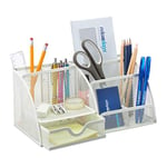 Relaxdays Organiseur de Bureau, Organisateur de Table avec Porte-stylos et tiroir, métal, Maille, 13 x 28 x 14 cm, Blanc