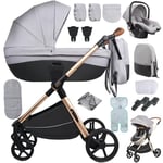 Sianldcone Poussette 4 en 1, Tissus Haut de Gamme Poussette Bebe, Poussoir Bidirectionnel Poussette Avec Cosy, Vision Buverte Poussettes Combinées (H2 Light Grey)