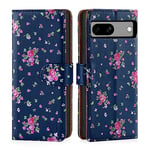 32nd Floral Series 3.0 - Design PU Leather Book Wallet Case Cover for Google Pixel 7A, Flip Case With RFID Blocking Card Slots, Magnetic Closure and Built In Stand - Vintage Rose Indigo