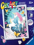 Ravensburger - CreArt Série D Classic : Licornes à paillettes, kit de peinture par numéros, contient une table pré-imprimée, un pinceau, des couleurs et des accessoires, jeu créatif pour garçons et