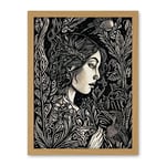 Artery8 Woman with Crow in a Field Black and White Linocut Artwork Framed Wall Art Print 18X24 Inch