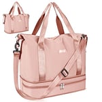 Sac de Voyage CS COSDDI 36L Weekend Sac à bandoulière, Sac de Sport Séparé Sec et Humide Sac de Course Imperméable pour Femme Homme Sport Gym Weekender Sac Fourre-Tout Sac d'Hôpital, Rose